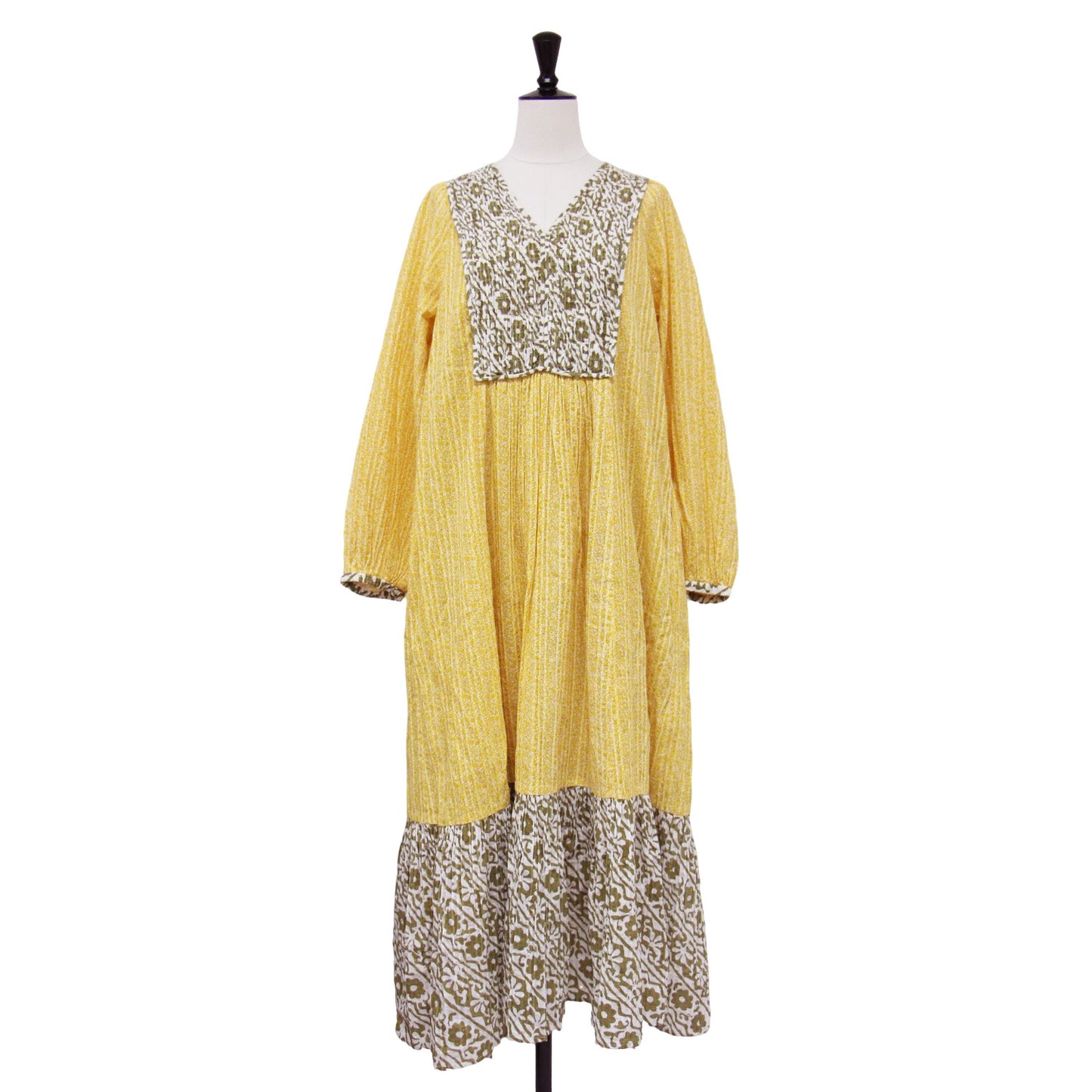 ダブルフラワープリント ワンピース / ドレス 長袖 Vネック マキシ丈 ラメ プリーツ フレア コットン