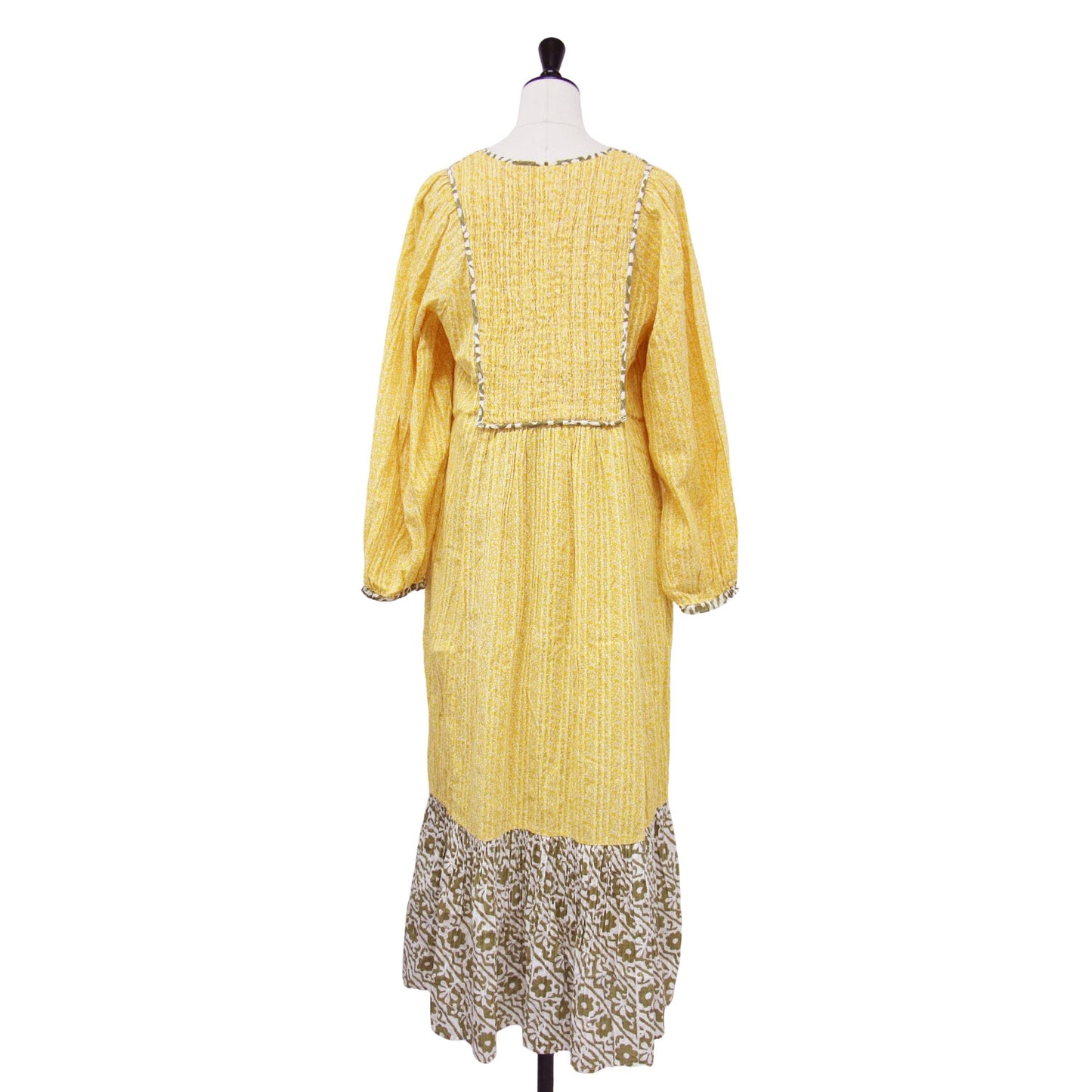 ダブルフラワープリント ワンピース / ドレス 長袖 Vネック マキシ丈 ラメ プリーツ フレア コットン