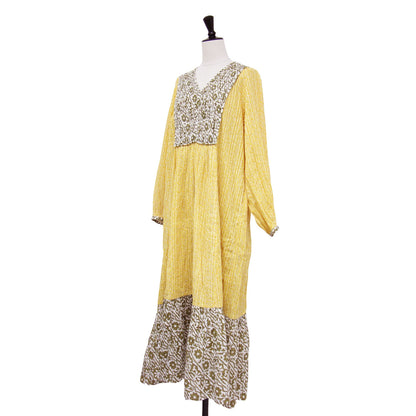 ダブルフラワープリント ワンピース / ドレス 長袖 Vネック マキシ丈 ラメ プリーツ フレア コットン