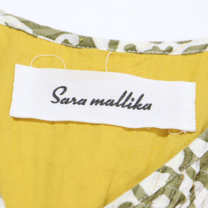 ダブルフラワープリント ワンピース / ドレス 長袖 Vネック マキシ丈 ラメ プリーツ フレア コットン