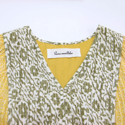 ダブルフラワープリント ワンピース / ドレス 長袖 Vネック マキシ丈 ラメ プリーツ フレア コットン