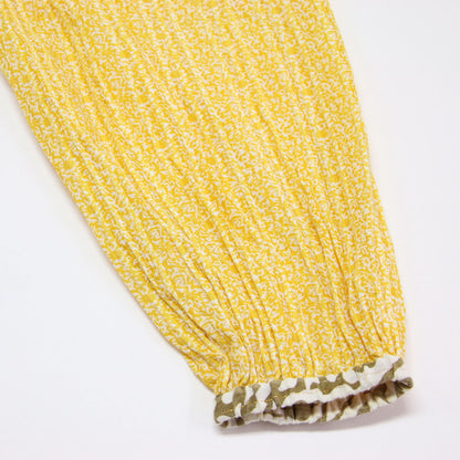 ダブルフラワープリント ワンピース / ドレス 長袖 Vネック マキシ丈 ラメ プリーツ フレア コットン