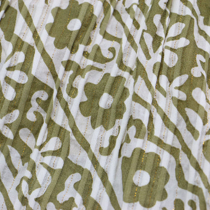 ダブルフラワープリント ワンピース / ドレス 長袖 Vネック マキシ丈 ラメ プリーツ フレア コットン