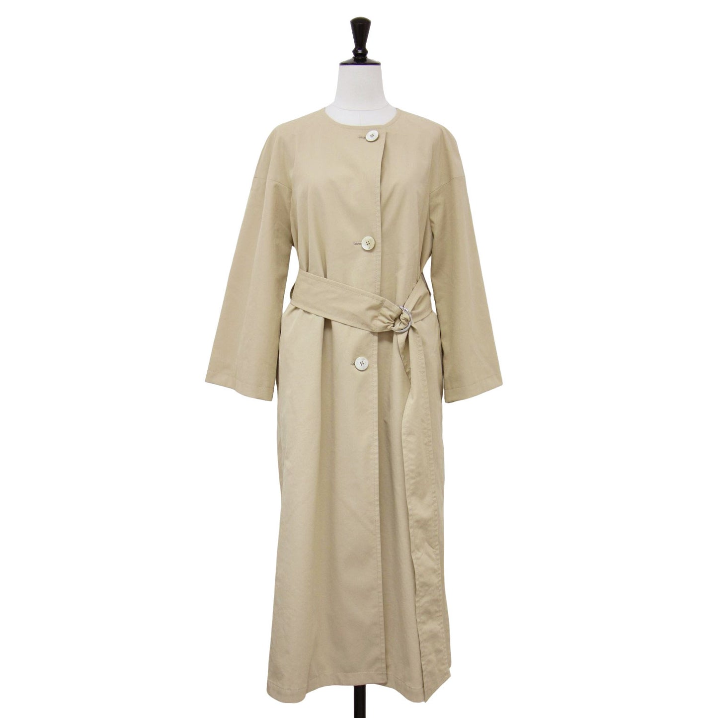 ドライツイル ノーカラー ベルテッドコート / ロング丈 Aライン ドロップショルダー コットン