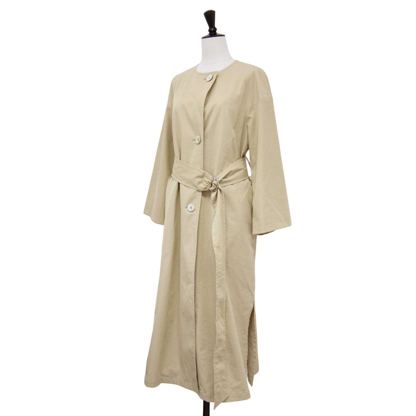 ドライツイル ノーカラー ベルテッドコート / ロング丈 Aライン ドロップショルダー コットン