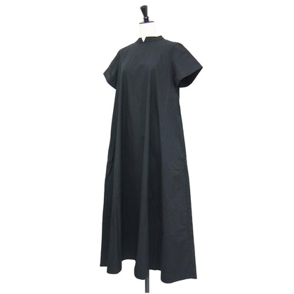 ハイネック Aライン ワンピース / ドレス 半袖 ロング丈 フレア メタルボタン コットン