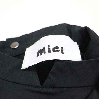 ハイネック Aライン ワンピース / ドレス 半袖 ロング丈 フレア メタルボタン コットン