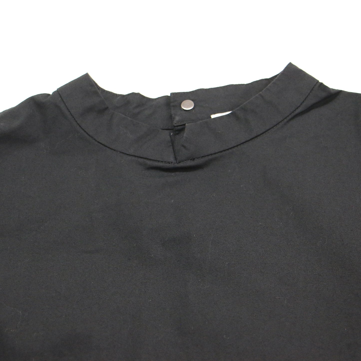 ハイネック Aライン ワンピース / ドレス 半袖 ロング丈 フレア メタルボタン コットン