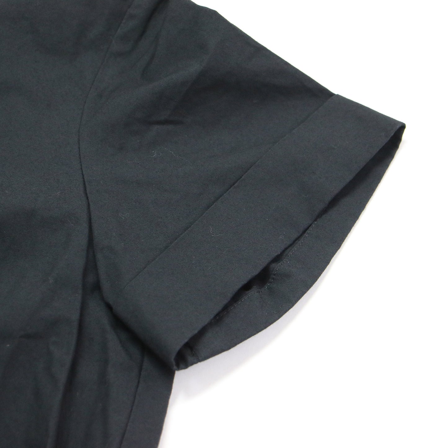 ハイネック Aライン ワンピース / ドレス 半袖 ロング丈 フレア メタルボタン コットン