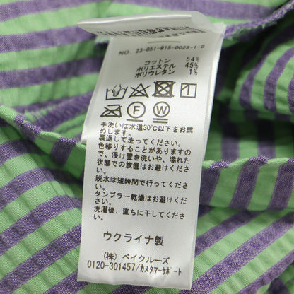 23春夏 ストライプ サッカー Vネック ブラウス / シャツ 7分袖 パフスリーブ メタルボタン コットン
