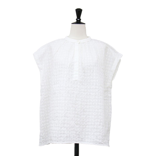 24春夏 フラワー エンブロイダリー バンドカラー ブラウス / プルオーバー フレンチスリーブ レース 刺繍 コットン