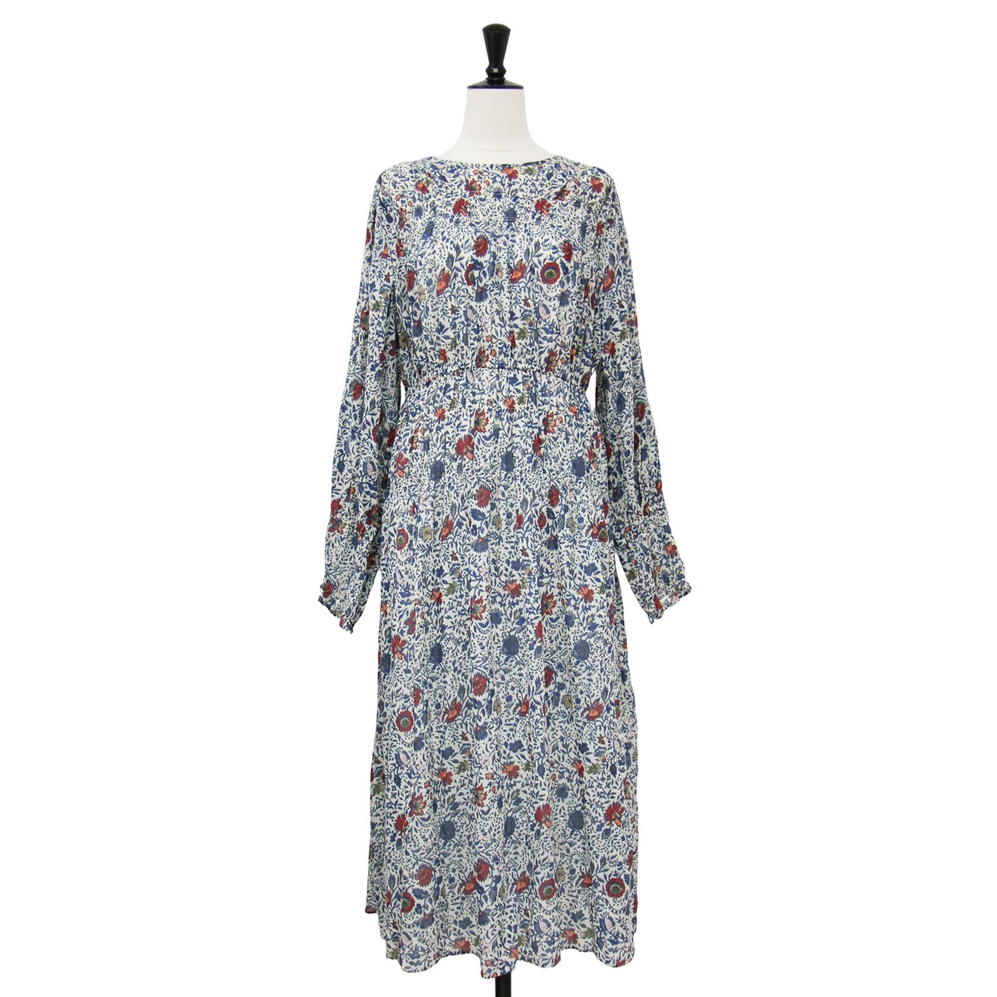 23秋冬 コットン ミルフルール ランダム シャーリング ドレス / ワンピース 長袖 クルーネック ミディ丈 花柄 ギャザー