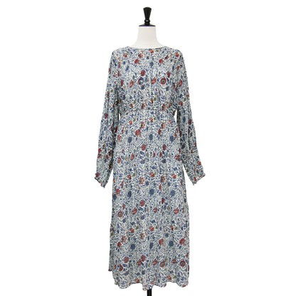 23秋冬 コットン ミルフルール ランダム シャーリング ドレス / ワンピース 長袖 クルーネック ミディ丈 花柄 ギャザー