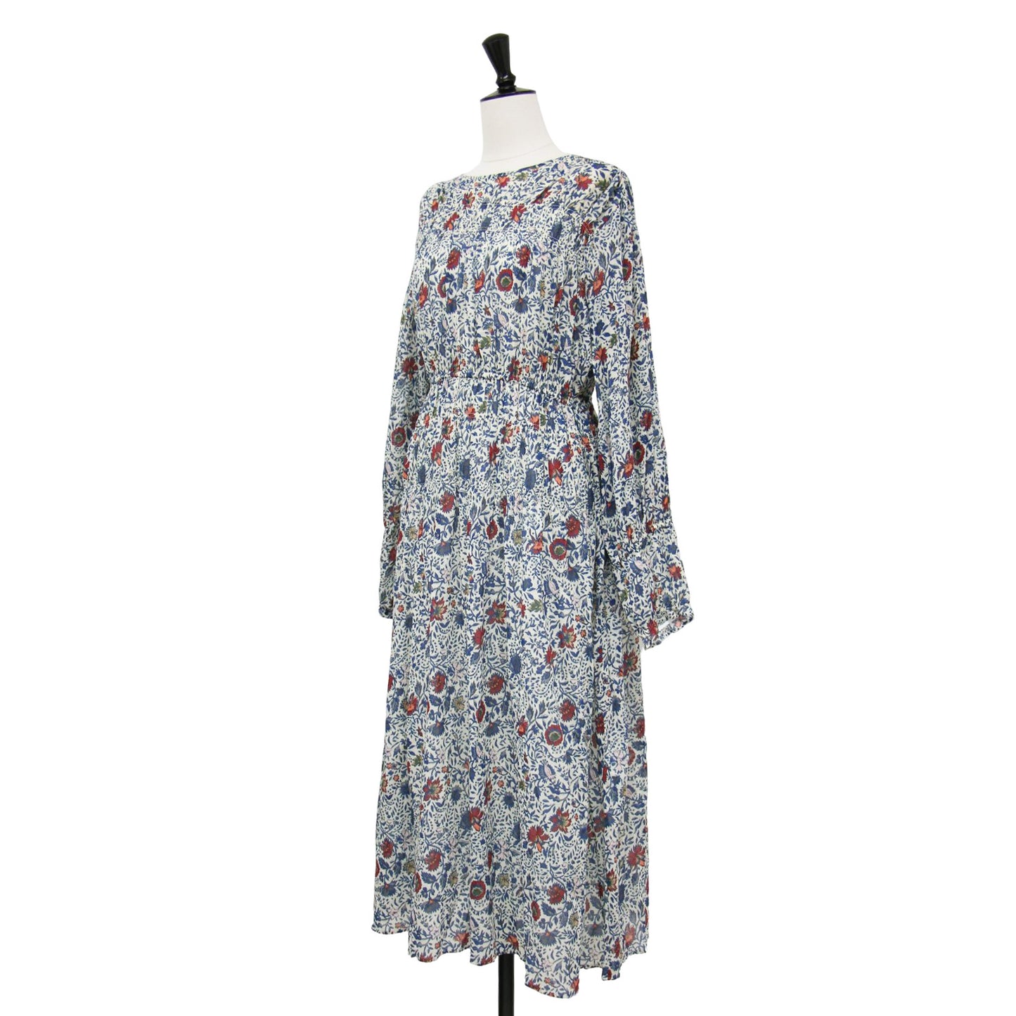 23秋冬 コットン ミルフルール ランダム シャーリング ドレス / ワンピース 長袖 クルーネック ミディ丈 花柄 ギャザー