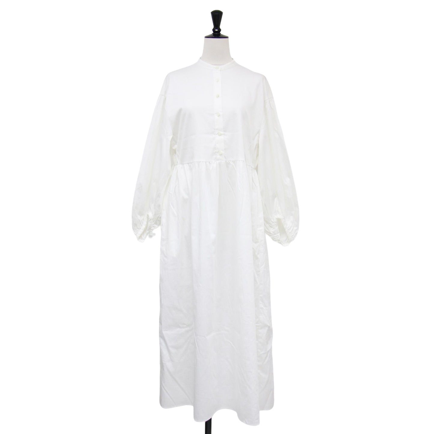 23秋冬 ハイカウントサテン パフスリーブ ワンピース / ドレス 長袖 バンドカラー ギャザー フレア ストレッチ