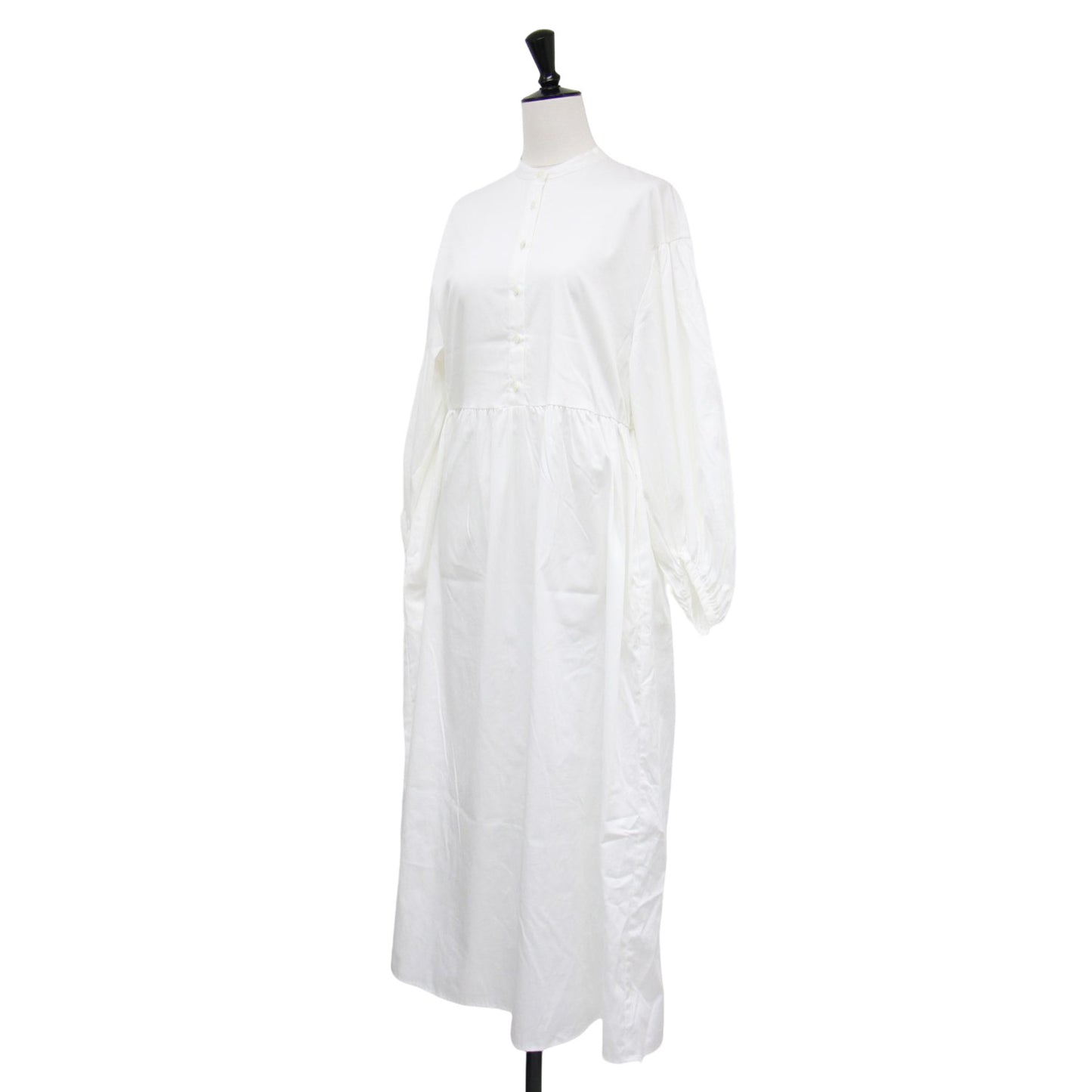 23秋冬 ハイカウントサテン パフスリーブ ワンピース / ドレス 長袖 バンドカラー ギャザー フレア ストレッチ