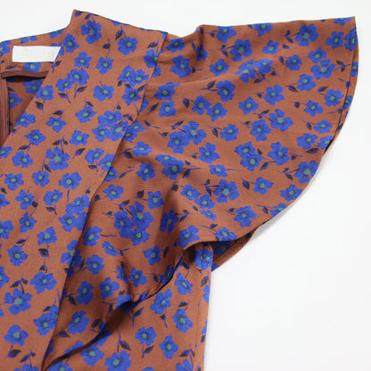 24春夏 スピアワートプリント フレアスリーブ ワンピース / ドレス ロング丈 Vネック マーメイド 花柄