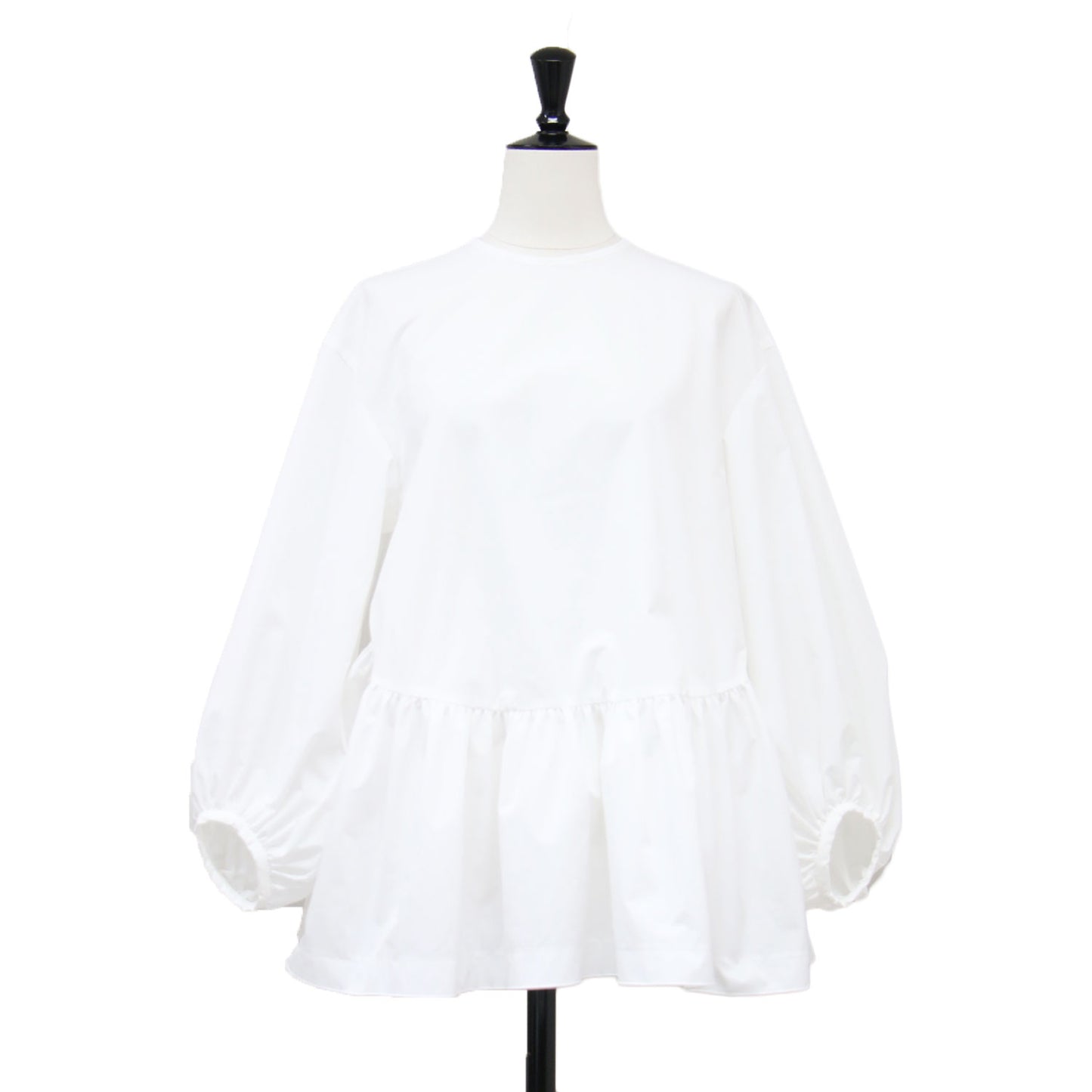 24春夏 ストレッチタフタ ティアードブラウス / プルオーバー シャツ 長袖 クルーネック ペプラム ボリュームスリーブ