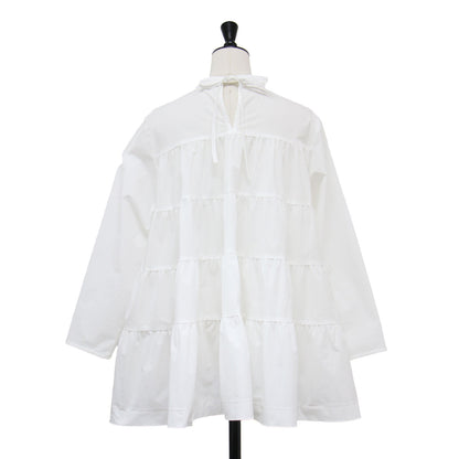 23春夏 ストレッチタフタ ティアード ブラウス / シャツ 長袖 クルーネック フレア ギャザー バックリボン タフタ