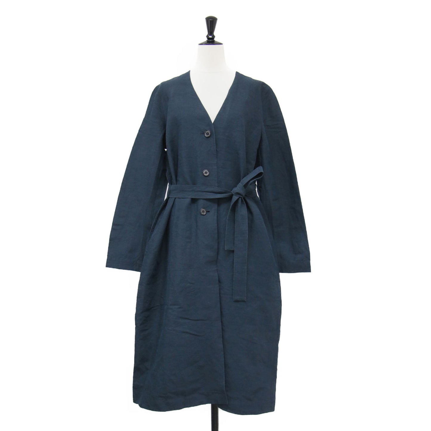 リネン ノーカラーコート / スプリングコート 羽織り ロング丈 Aライン 長袖 Vネック ボタンダウン ベルト付き