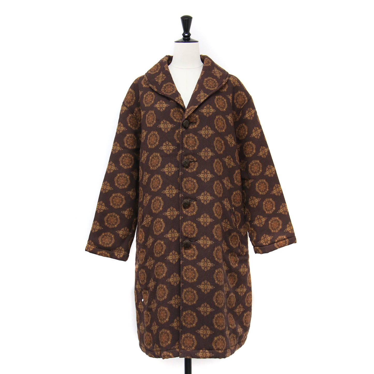 総柄 ショールカラー コート / ジャケット ミディ丈 キルティング ボックスシルエット ウール
