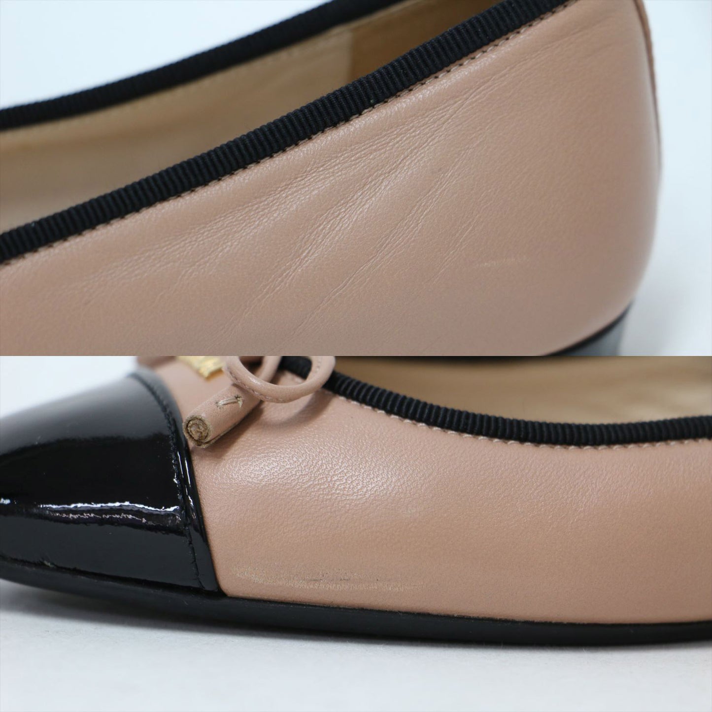 バイカラー リボン バレエシューズ / パンプス ラウンドトゥ フラット ロゴ レザー
