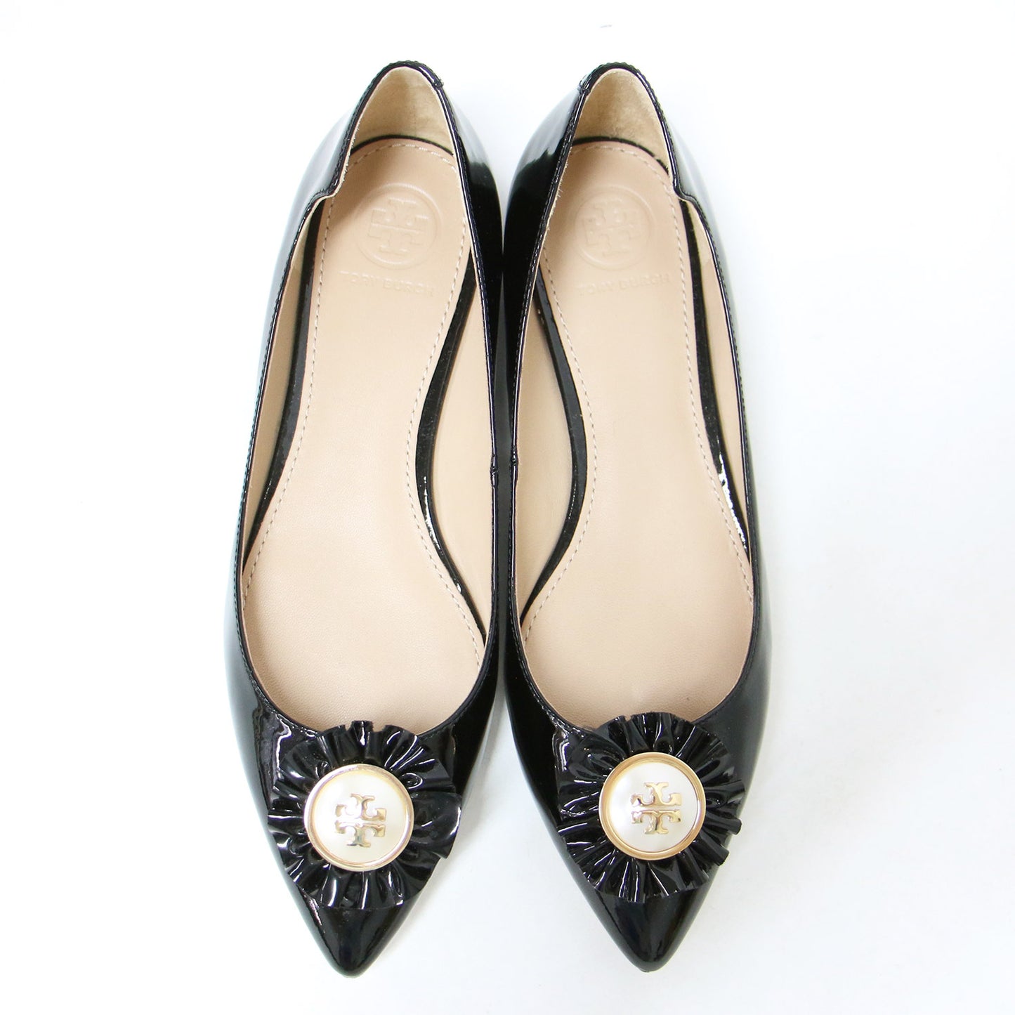 ロゴ パールモチーフ ポインテッドトゥ エナメル パンプス / MELODY FLAT バレエシューズ フラット フリル 牛革