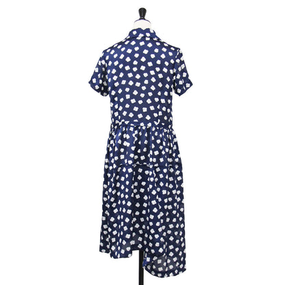 襟付き 花柄 シアー ワンピース / 半袖 ミディ丈 アシンメトリー フレア リボン