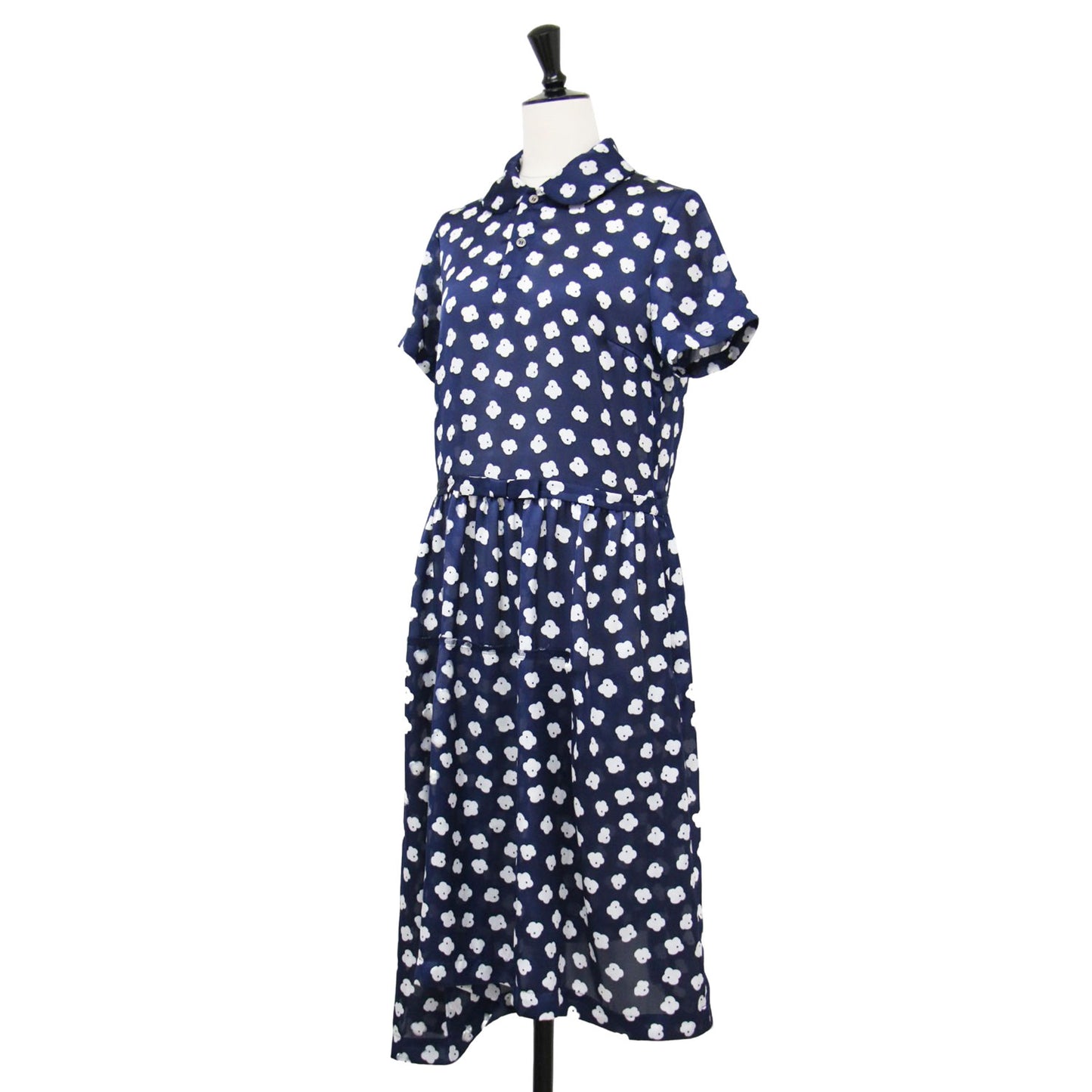 襟付き 花柄 シアー ワンピース / 半袖 ミディ丈 アシンメトリー フレア リボン