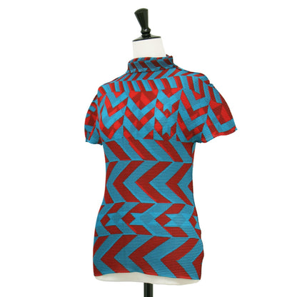 総柄 タートルネック カットソー / プルオーバー 半袖 コンパクト ストレッチ