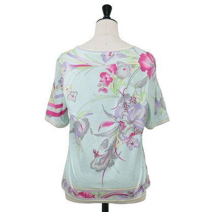 フラワープリント 半袖 カットソー / Tシャツ クルーネック Aライン メタルボタン 総柄 コットン