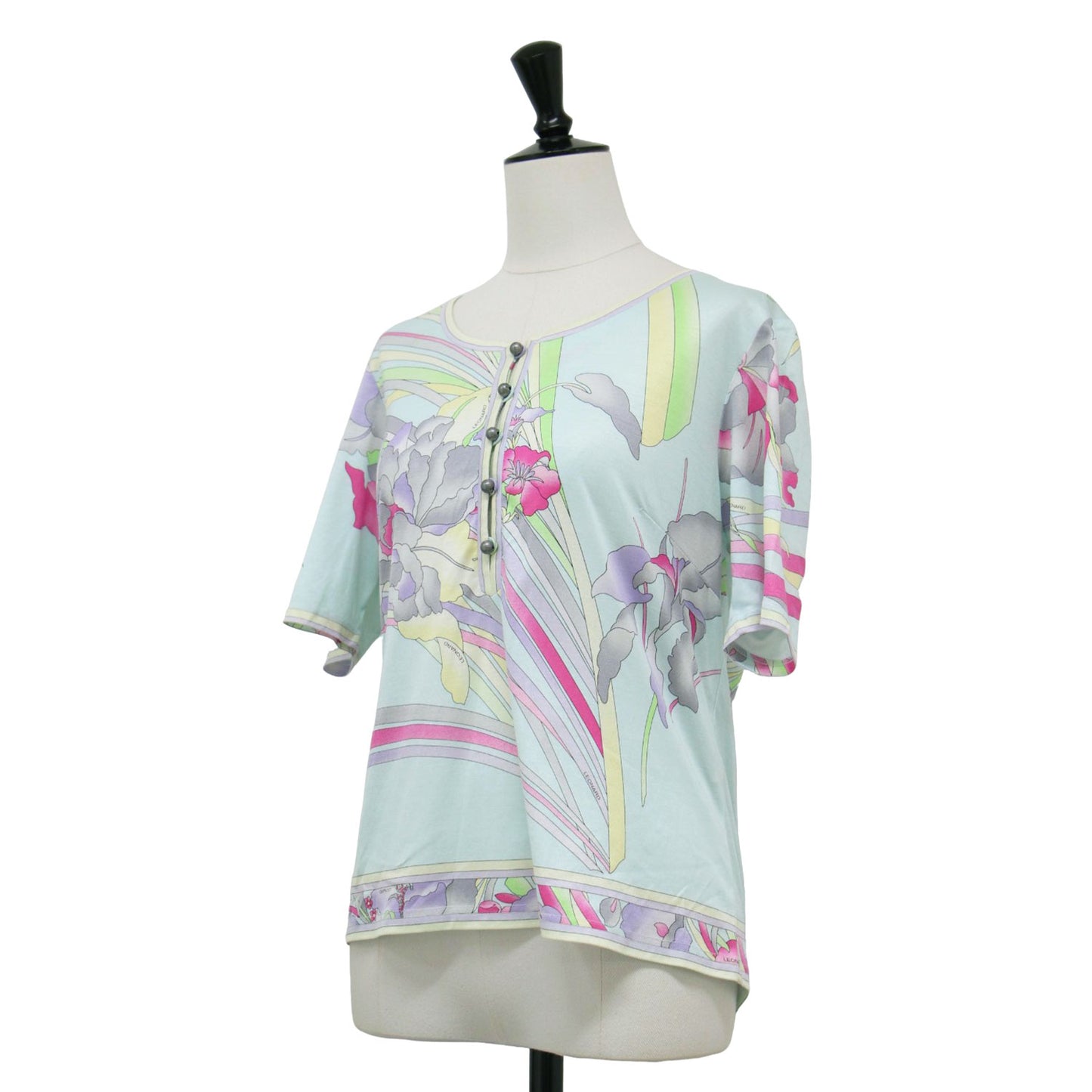 フラワープリント 半袖 カットソー / Tシャツ クルーネック Aライン メタルボタン 総柄 コットン