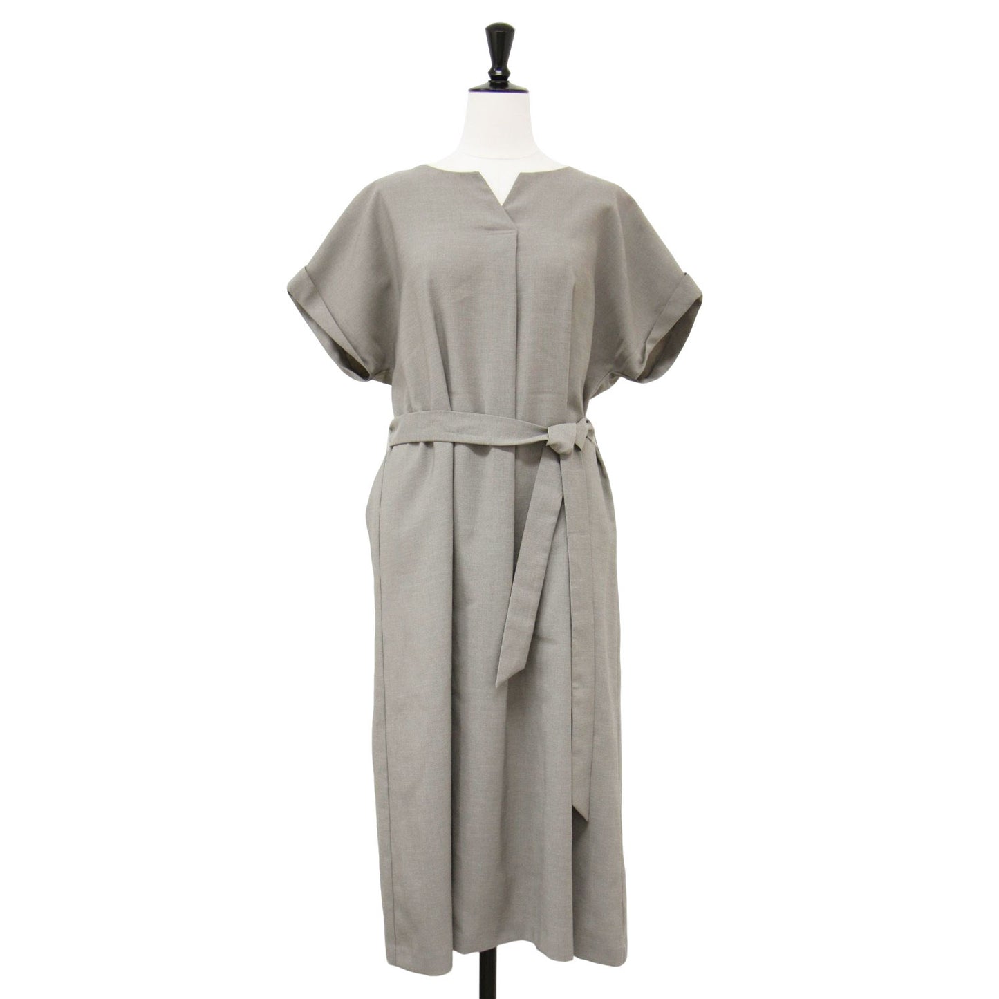 フロントタック キーネック ワンピース / フレンチスリーブ 膝丈 ストレッチ リネン