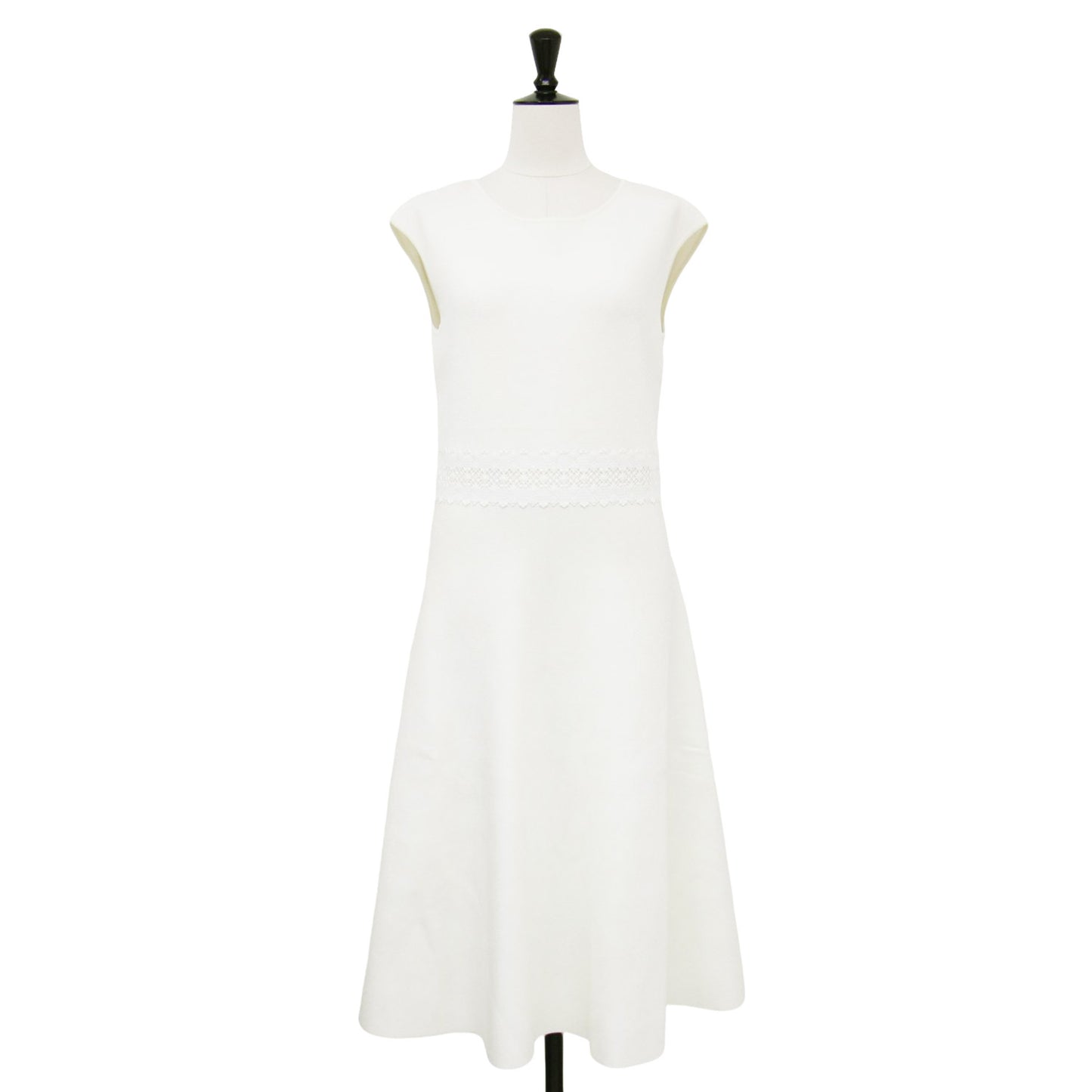 レース ノースリーブ ニット ワンピース / ドレス クルーネック ミモレ丈 Aライン フレア