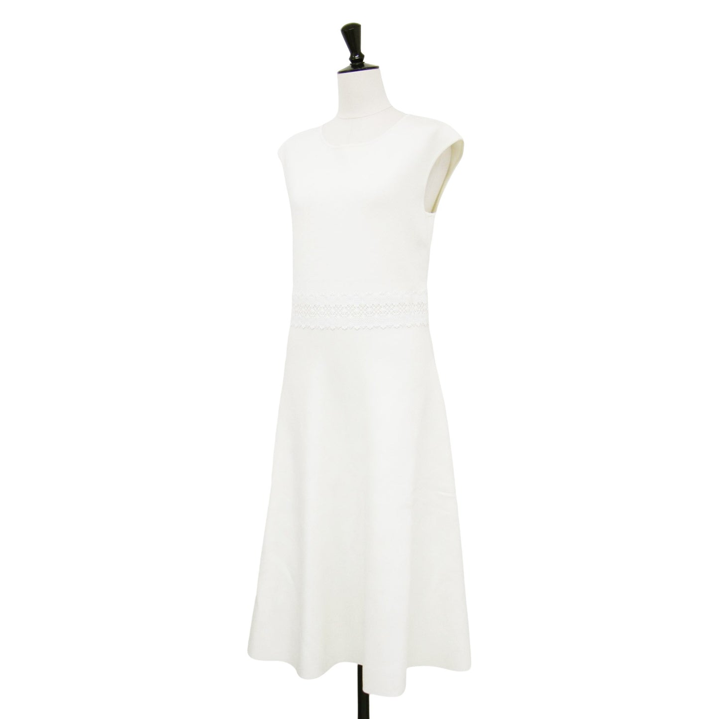 レース ノースリーブ ニット ワンピース / ドレス クルーネック ミモレ丈 Aライン フレア