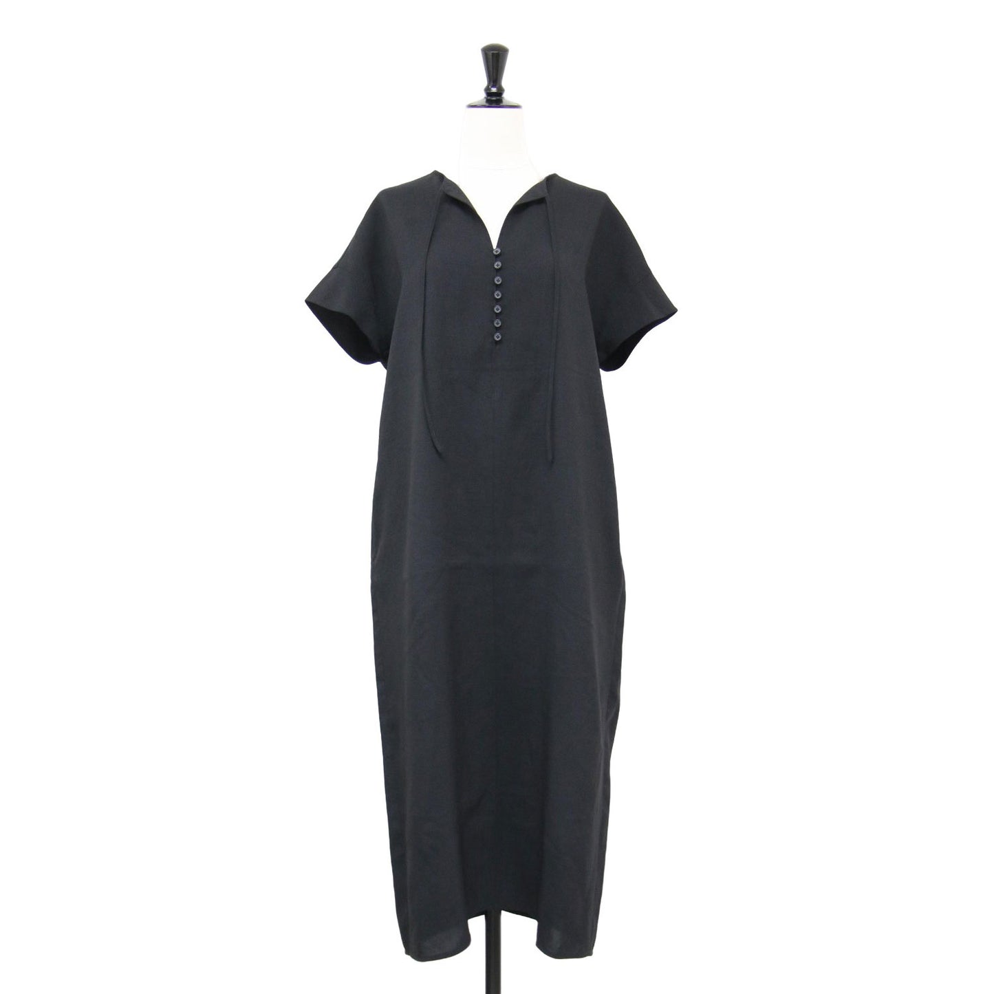 EM フロントボタン ショートスリーブ ワンピース / フレンチスリーブ ロング丈 リボン スリット