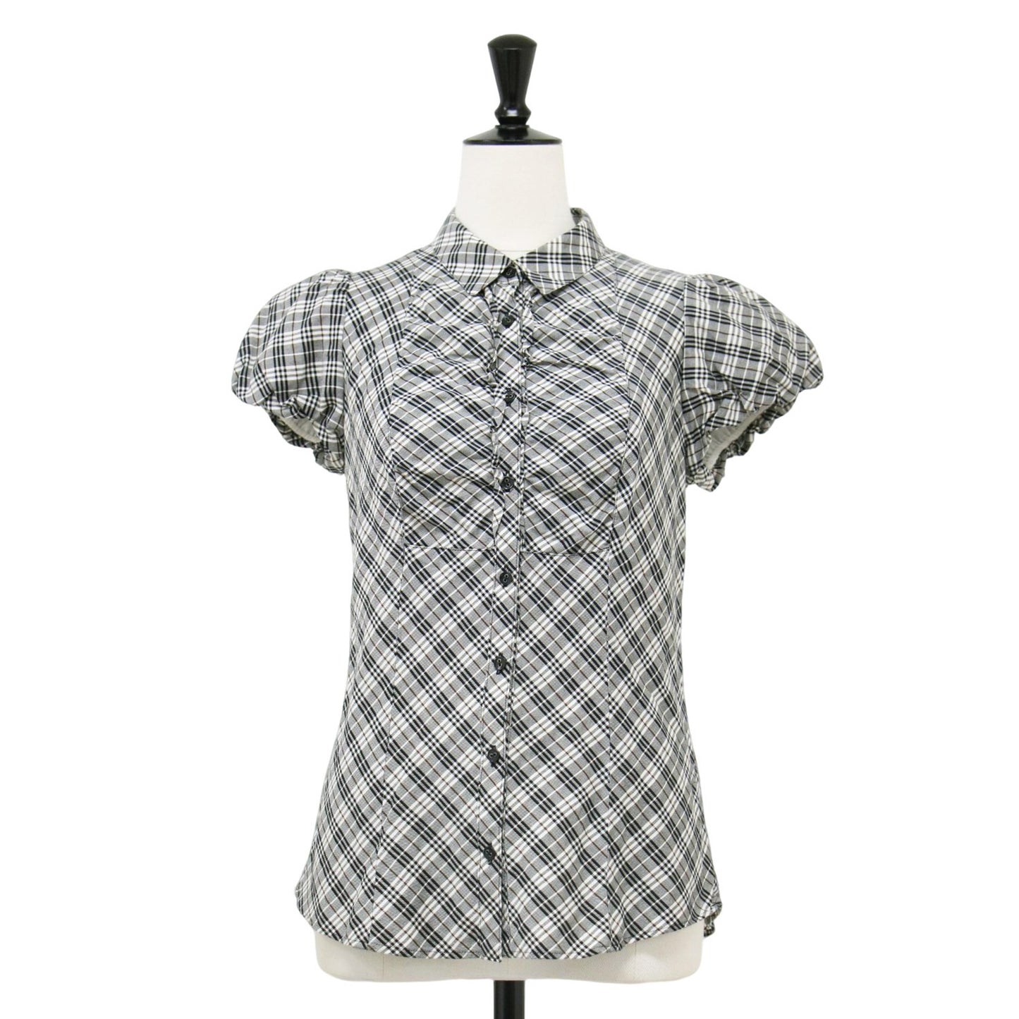 チェック フリル ギャザー シャツ / ブラウス 半袖 パフスリーブ コットン