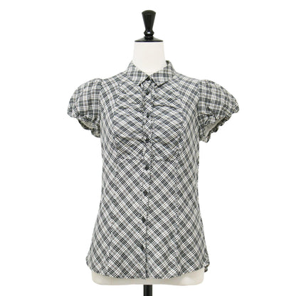 チェック フリル ギャザー シャツ / ブラウス 半袖 パフスリーブ コットン