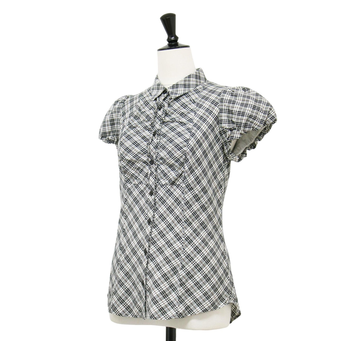 チェック フリル ギャザー シャツ / ブラウス 半袖 パフスリーブ コットン