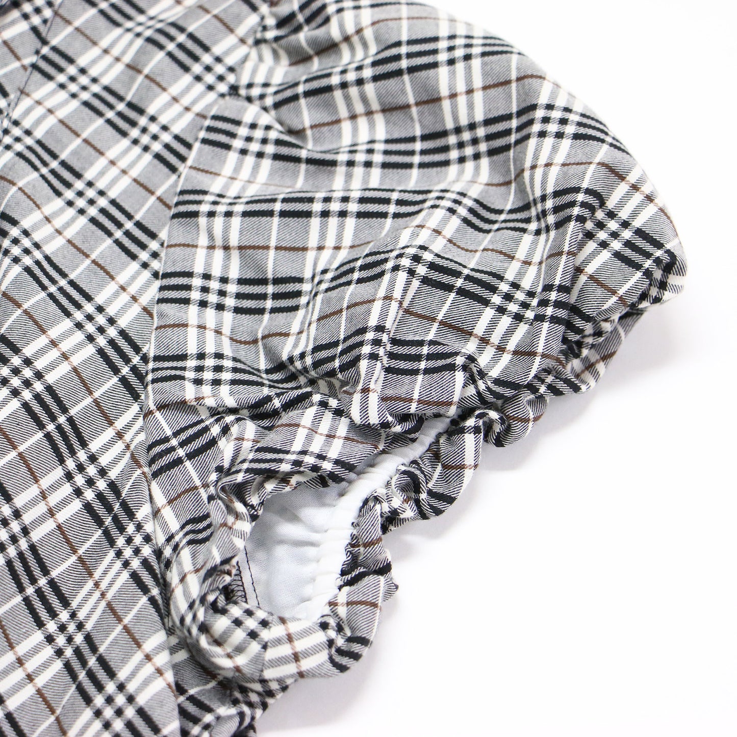 チェック フリル ギャザー シャツ / ブラウス 半袖 パフスリーブ コットン