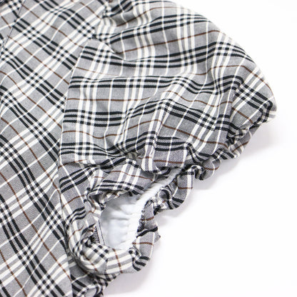 チェック フリル ギャザー シャツ / ブラウス 半袖 パフスリーブ コットン