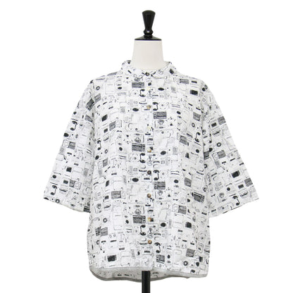 総柄 ハーフスリーブ シャツ / ブラウス 7分袖 ワイド 家電柄 コットン