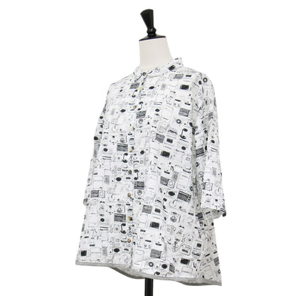 総柄 ハーフスリーブ シャツ / ブラウス 7分袖 ワイド 家電柄 コットン