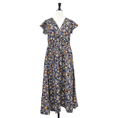 24春夏 レーヨン ローン プリント バタフライスリーブ ワンピース / 半袖 Vネック タック ギャザー フレア