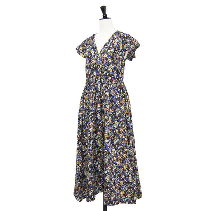 24春夏 レーヨン ローン プリント バタフライスリーブ ワンピース / 半袖 Vネック タック ギャザー フレア