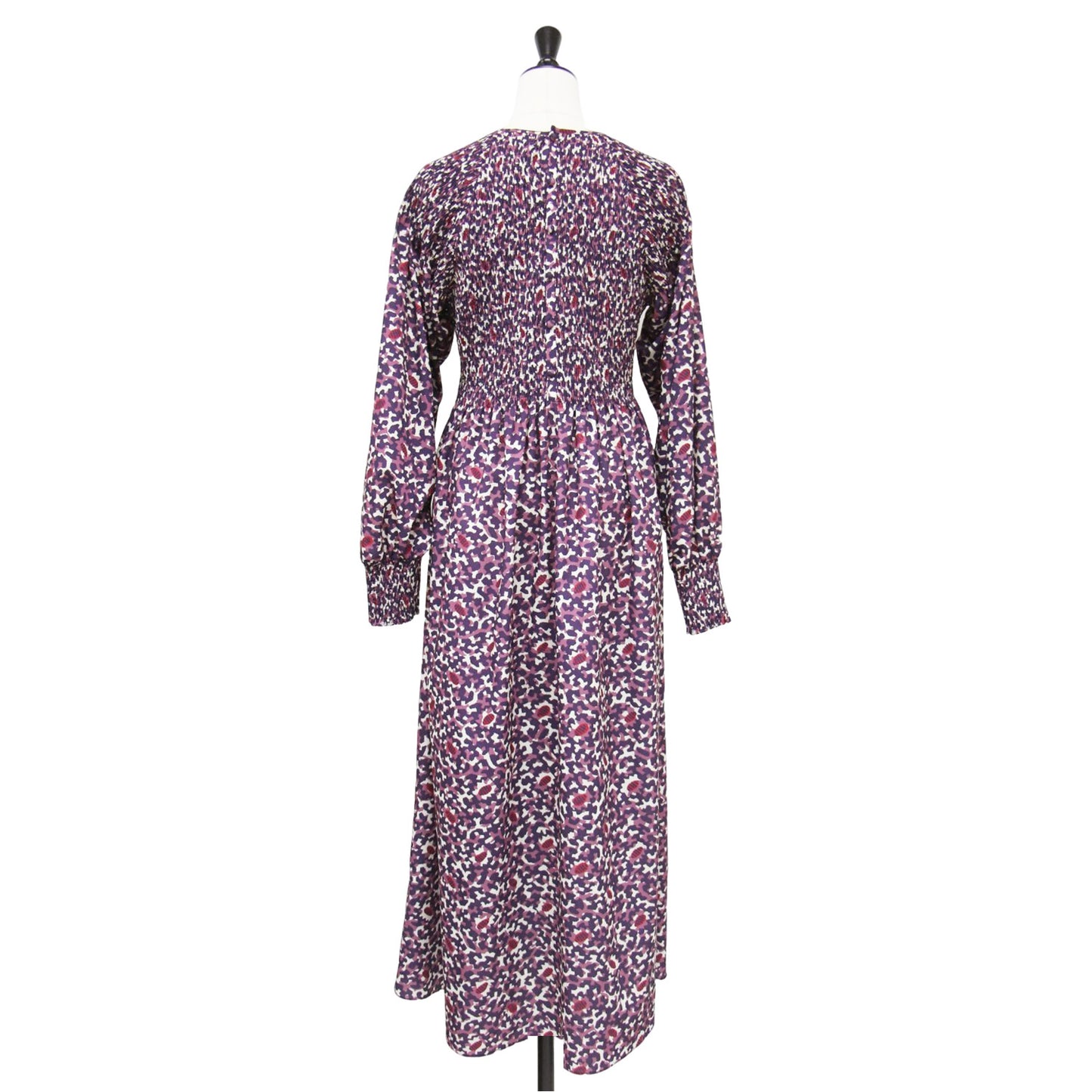 20秋冬 ポリエステル プリント シャーリング ワンピース / ドレス 長袖 マキシ丈 ギャザー くるみボタン 総柄