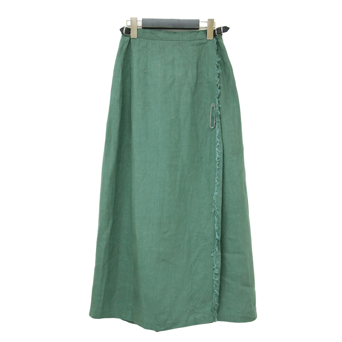 リネン マキシ キルト スカート / ロング プリーツ Aライン レザーベルト フリンジ