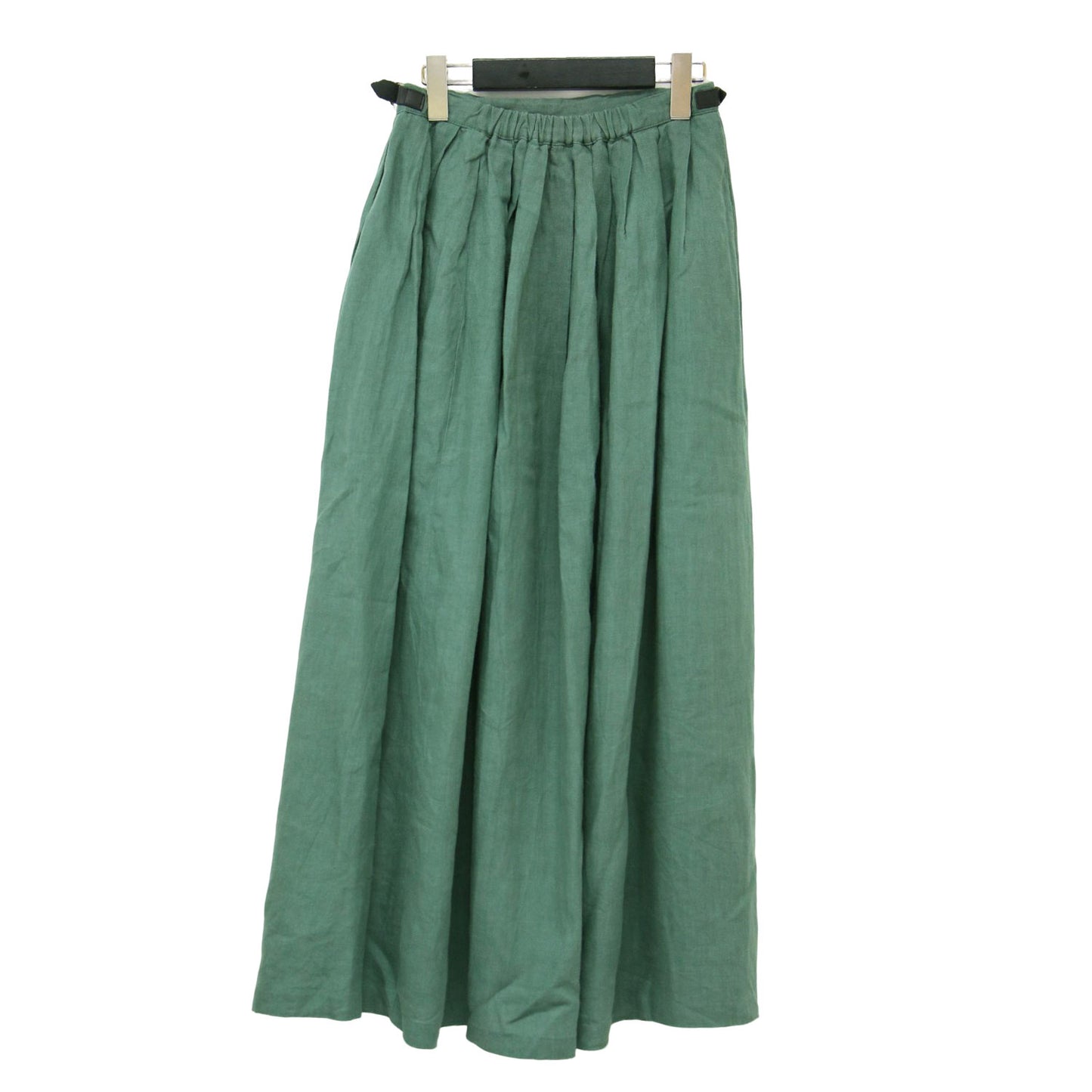 リネン マキシ キルト スカート / ロング プリーツ Aライン レザーベルト フリンジ