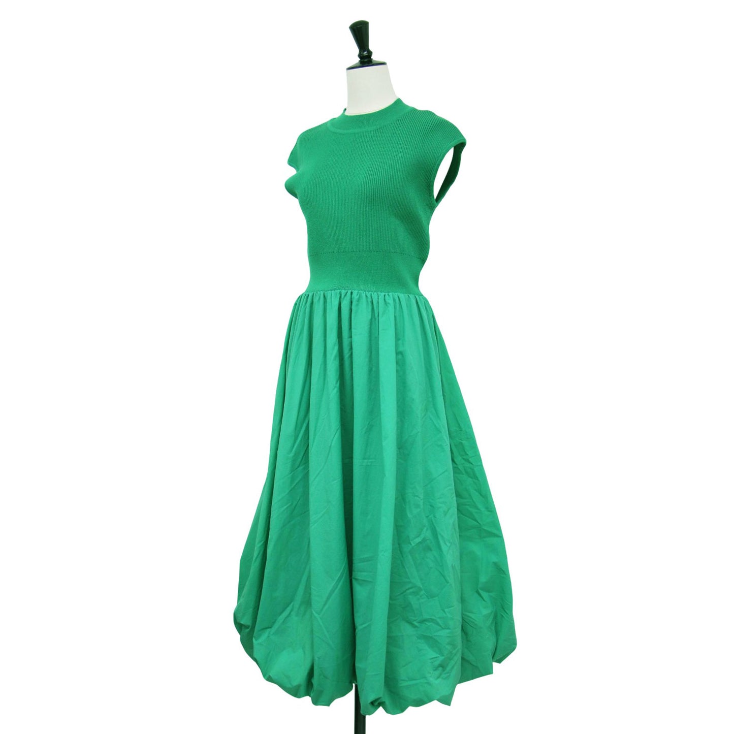 ニット コンビ ワンピース / フレンチ袖 ロング ハイネック リブ バルーン 布帛素材