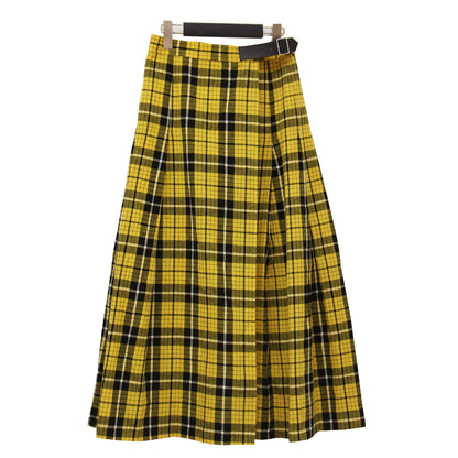 25春夏 チェック ラップ スカート / 巻きスカート フレア プリーツ ベルト コットン リネン